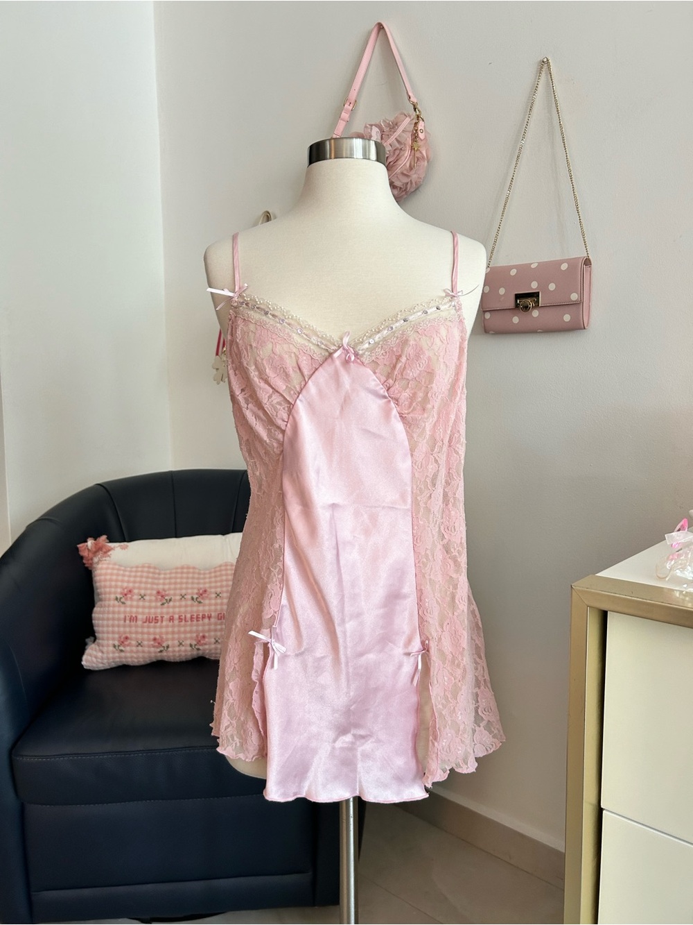 Delicate Sequin Y2K Fairy Pink Lace Chemise with Thong